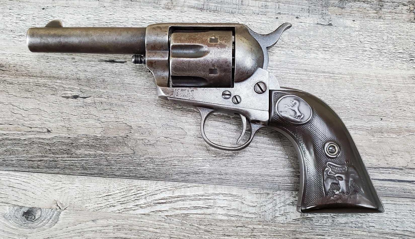 Original Colt Sheriff's Model Single Action Army revolver in .45 caliber, with a 4-inch barrel and an even gray patina, accompanied by its Colt factory letter.