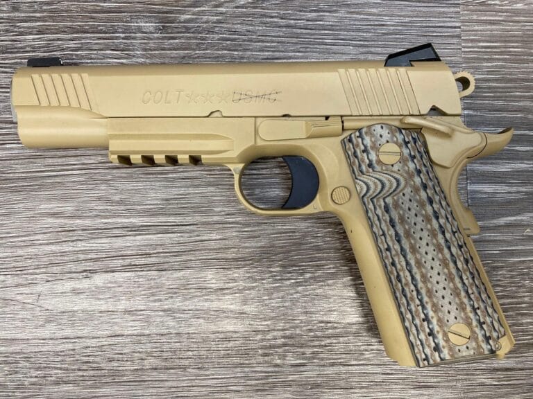 Ultra-rare Colt Custom Shop M45A1 CQBP pistol in Desert Sand Cerakote, a decommissioned USMC rail gun with G10 camouflage grips.