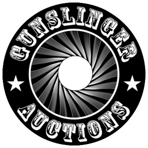 Gunslinger Auctions Logo: White text on black image. Appears as a spiral threaded barrel's interior with "Gunslinger Auctions" enscribed on it's muzzle, complete with two tasteful 5-pointed stars.