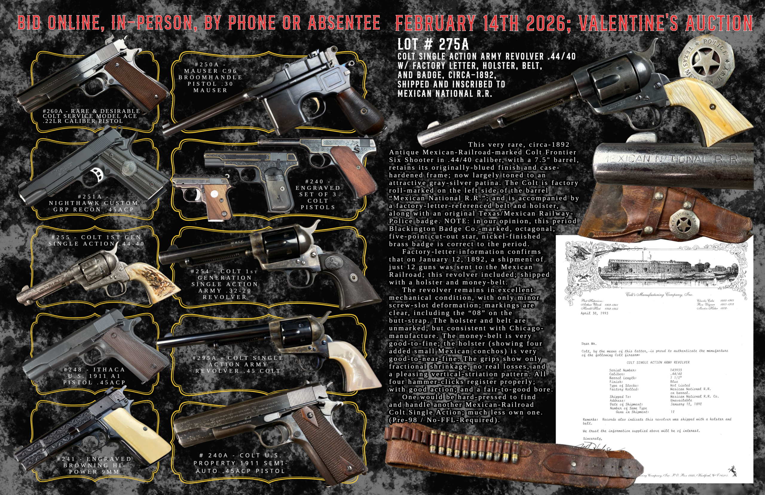 firearm auction promotional flyer featuring various firearms, advertisements, and documents