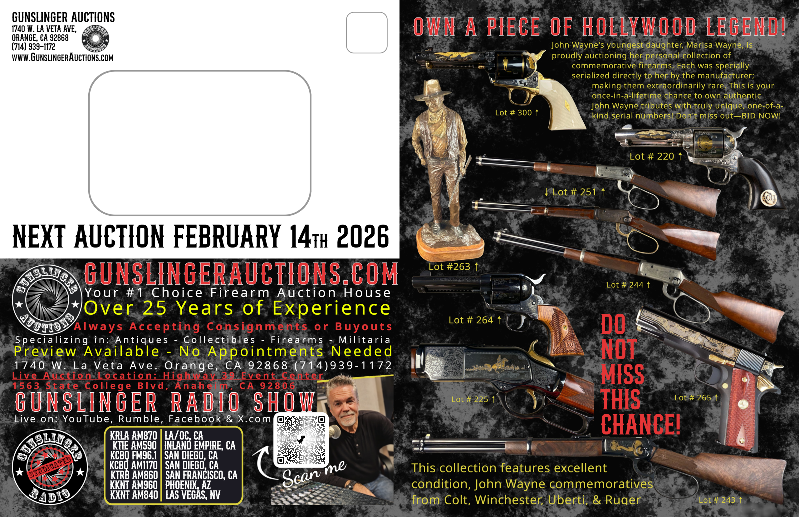 firearm auction promotional flyer featuring various firearms and advertisements 